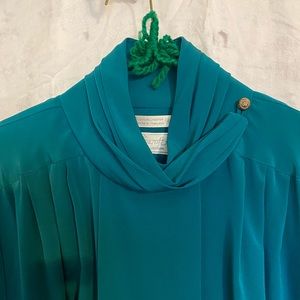 Chic and Silky Teal Blouse with decorative collar and long sleeves size XL